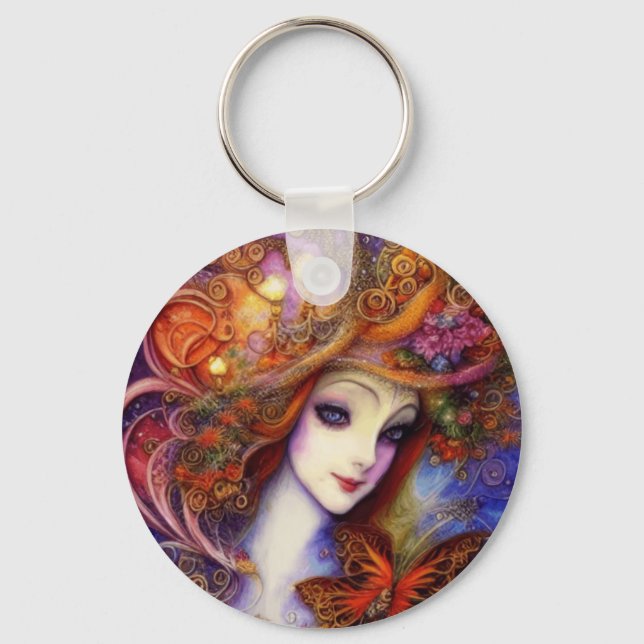 Butterfly And Garden Goddess In Watercolor Blues Key Ring (Front)