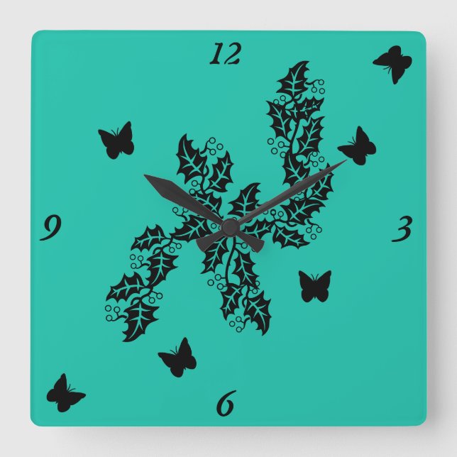 Butterfly and Ivy Leaves on Green Square Wall Clock (Front)