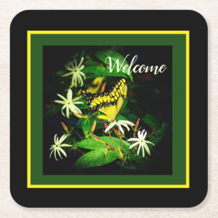 "Butterfly and Jasmine" Square Paper Coaster