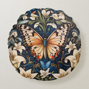 Butterfly and Lilies Botanical Round Cushion