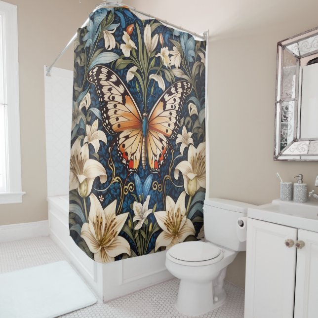 Butterfly and Lilies Botanical Shower Curtain (In Situ)