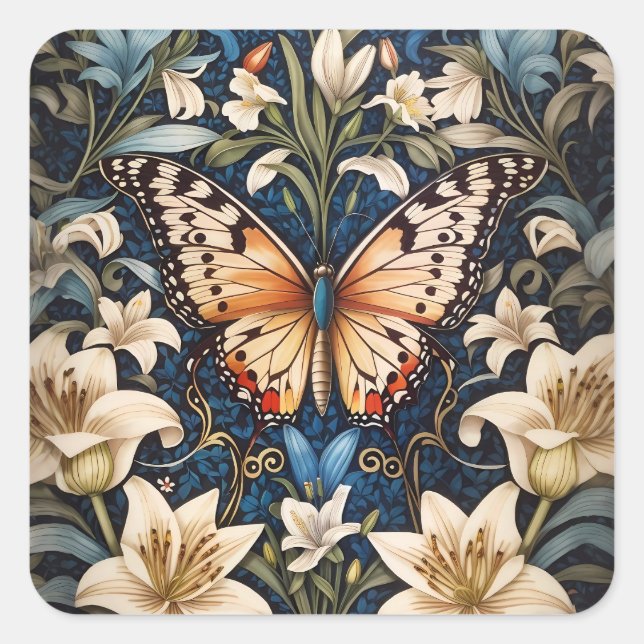 Butterfly and Lilies Botanical Square Sticker (Front)