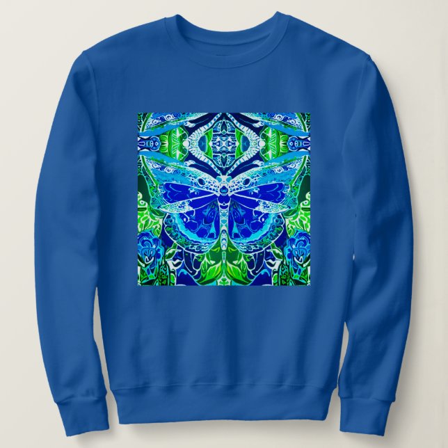 Butterfly and Medallion Batik Pattern in Blue Sweatshirt (Design Front)
