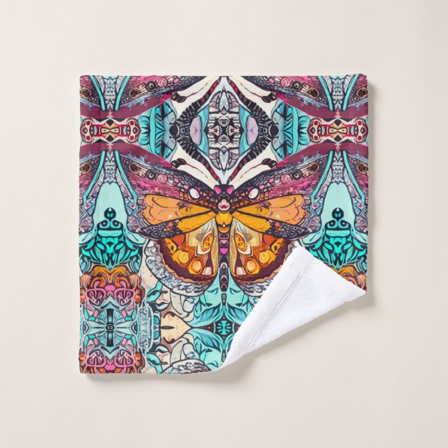 Butterfly and Medallion Batik Pattern in Orange Bath Towel Set (Wash Cloth)