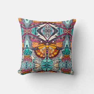 Butterfly and Medallion Batik Pattern in Orange Cushion
