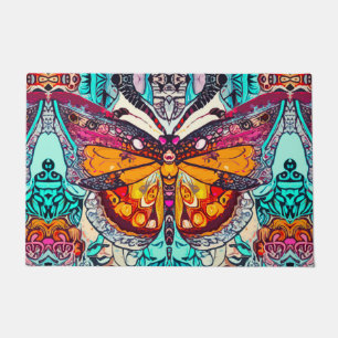 Butterfly and Medallion Batik Pattern in Orange Doormat
