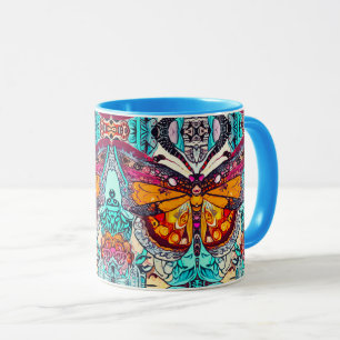 Butterfly and Medallion Batik Pattern in Orange Mug