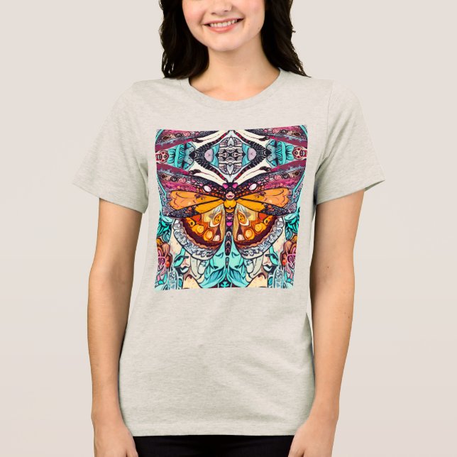 Butterfly and Medallion Batik Pattern in Orange   Tri-Blend Shirt (Front)