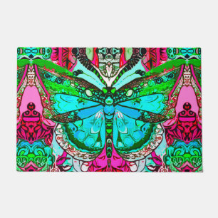 Butterfly and Medallion Batik Pattern in Turquoise Doormat