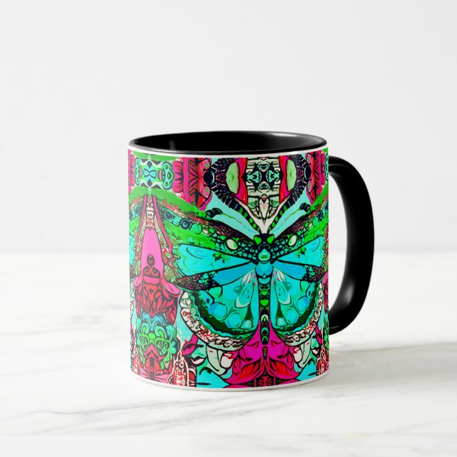 Butterfly and Medallion Batik Pattern in Turquoise Mug (Front Right)