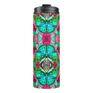 Butterfly and Medallion Batik Pattern in Turquoise Thermal Tumbler