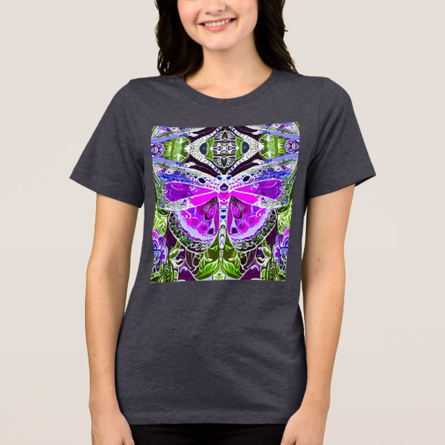 Butterfly and Medallion Batik Pattern in Violet  Tri-Blend Shirt (Front)