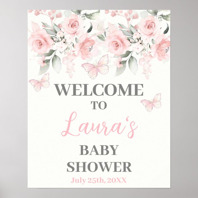 Butterfly and pink Floral Baby Shower Welcome sign (Front)