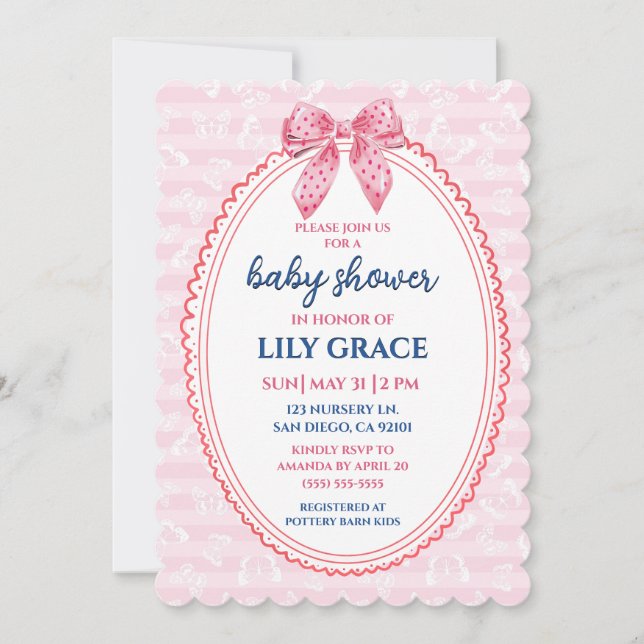 Butterfly and Polka-Dot Bow Baby Shower Invitation (Front)