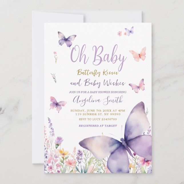 Butterfly and Purple Flowers Girl Baby Shower  Invitation (Front)
