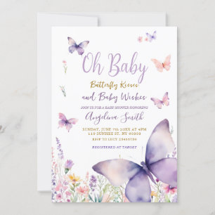 Butterfly and Purple Flowers Girl Baby Shower  Invitation