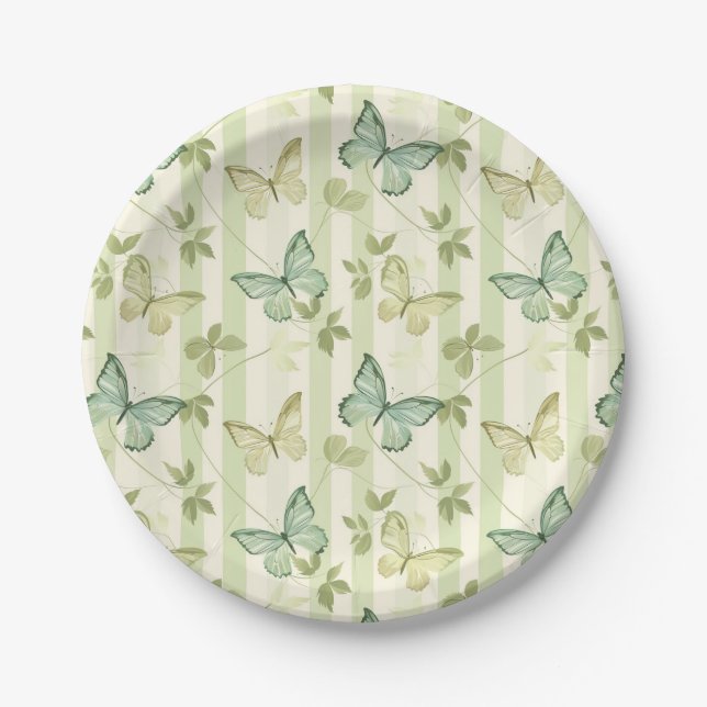 Butterfly and Stripes Green Birthday Party  Plates (Front)