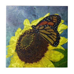 Butterfly and Sunflower Blue Background Tile