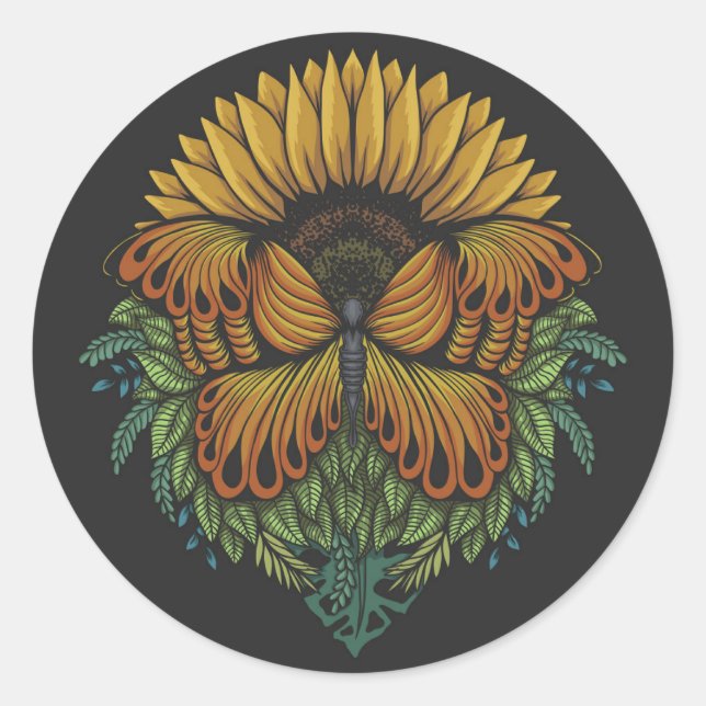 Butterfly and Sunflower Classic Round Sticker (Front)