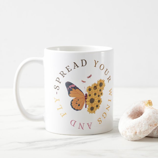 Butterfly and Sunflower Design Coffee Mug (With Donut)