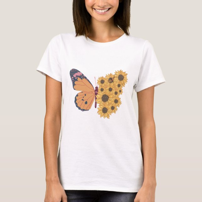 Butterfly and Sunflowers Illustration T-Shirt (Front)