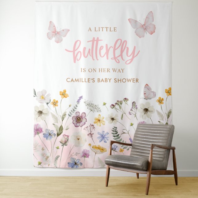 Butterfly and Wildflower Baby Shower Backdrop Tapestry (In Situ)