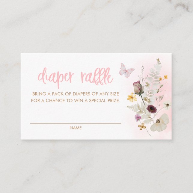 Butterfly and Wildflower Pink Diaper Raffle Ticket Enclosure Card (Front)
