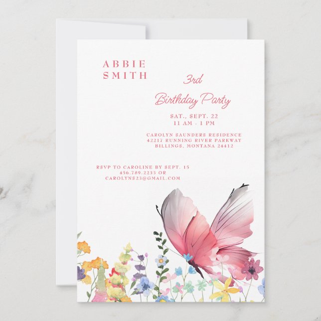 Butterfly and Wildflowers Girl Birthday Party Invitation (Front)