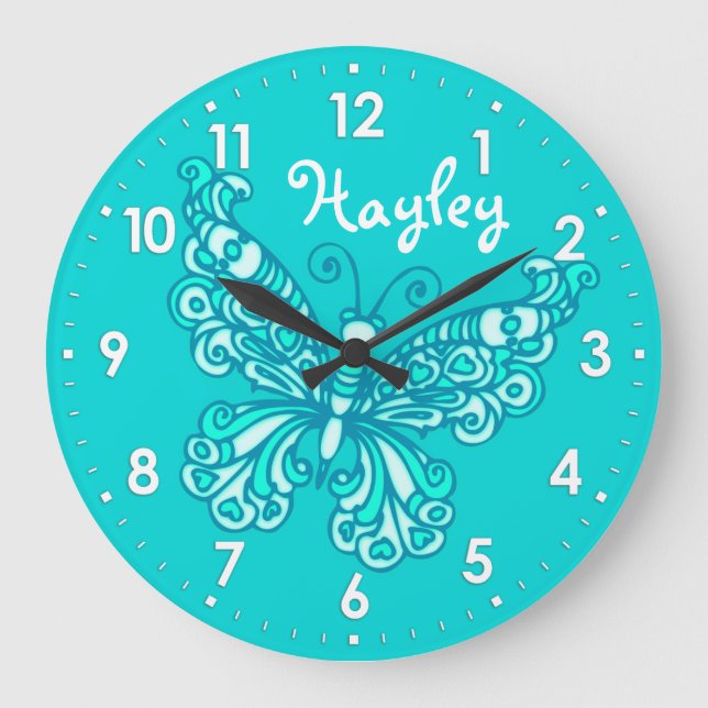 Butterfly aqua mint girls room name wall clock (Front)