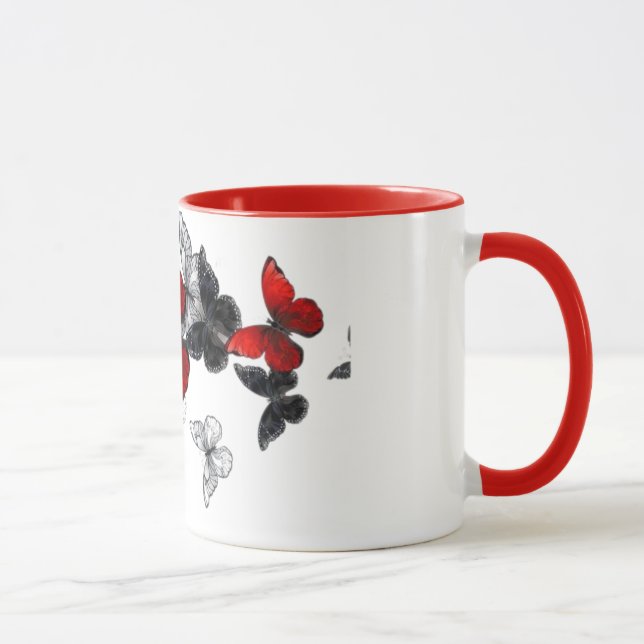 "Butterfly Art Coffee Mug, Red Accent, Unique Gift Mug (Right)