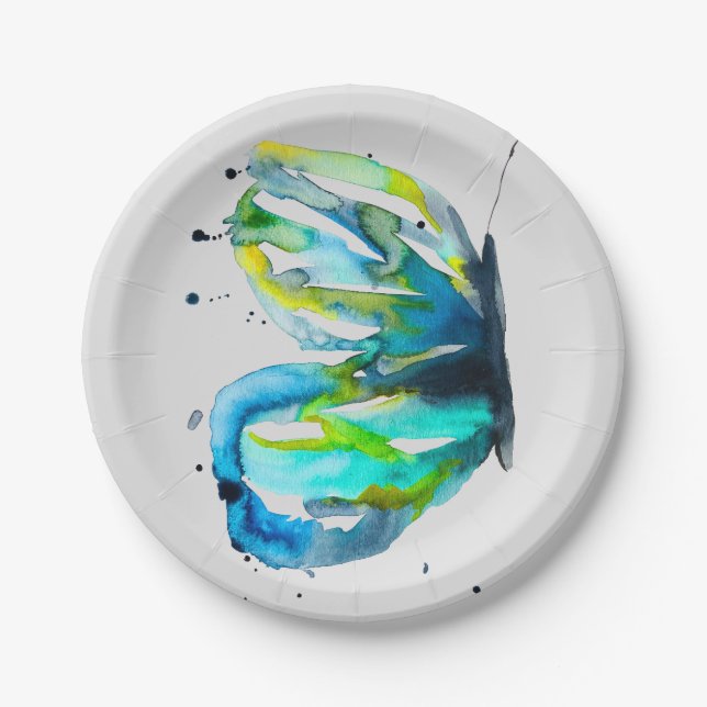 Butterfly art watercolor blue paper plate (Front)