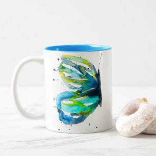 Butterfly art watercolor blue Two-Tone coffee mug