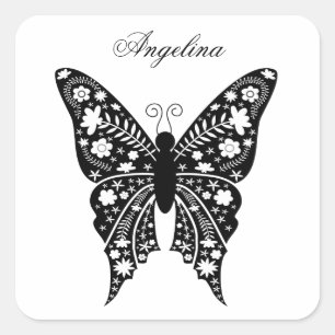 Butterfly Artsy Elegant Black and White Name Square Sticker