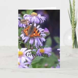Butterfly At Rest On Flowers Easter Card. Holiday Card