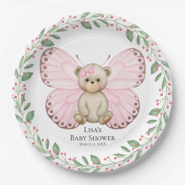 Butterfly Baby Bear Pink Shower | Paper Plates (Front)