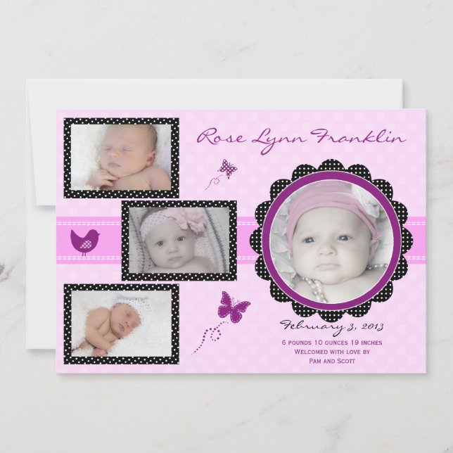 Butterfly Baby Girl Photo Birth Announcement (Front)