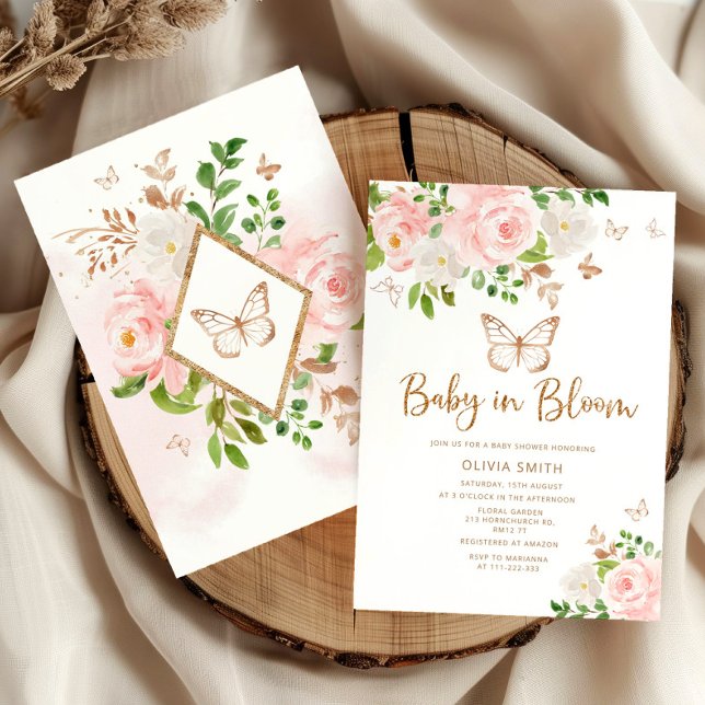 Butterfly Baby in Bloom Blush gold baby shower Invitation (Creator Uploaded)