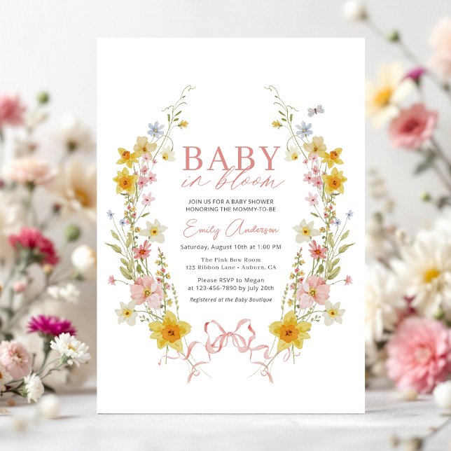 Butterfly Baby in Bloom Bow Pink Wildflower Shower Invitation (Creator Uploaded)