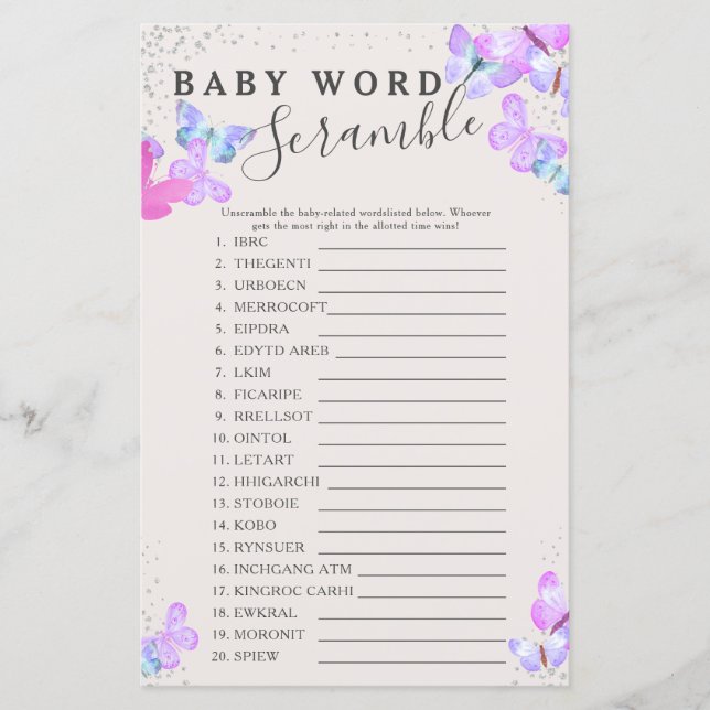 Butterfly Baby Shower Baby Word Scramble Game (Front)