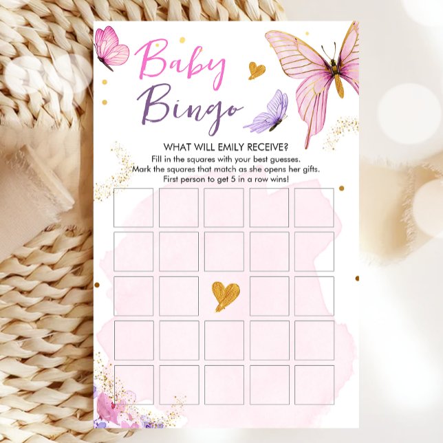 Butterfly Baby Shower Bingo Game Pink Gold Girl (Creator Uploaded)