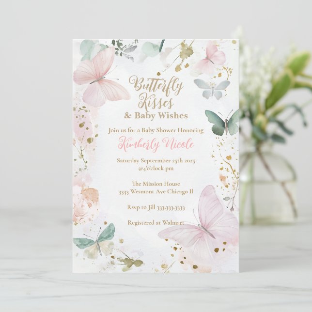 Butterfly baby shower butterfly kisses baby shower invitation (Standing Front)