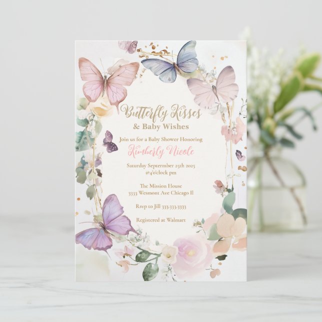 Butterfly baby shower butterfly kisses baby shower invitation (Standing Front)
