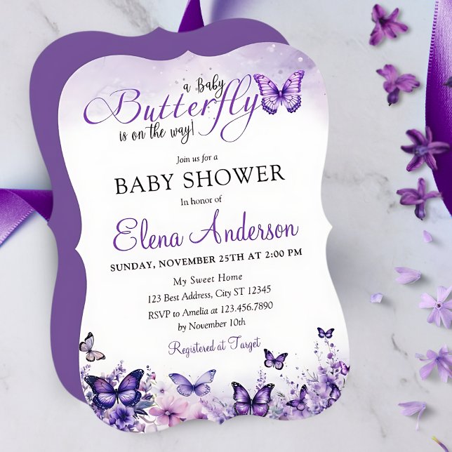 Butterfly Baby Shower Elegant Purple Floral  Invitation (Creator Uploaded)