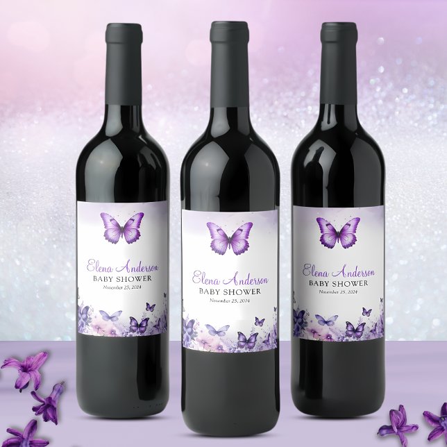 Butterfly Baby Shower Elegant Purple Floral Wine Label (Creator Uploaded)