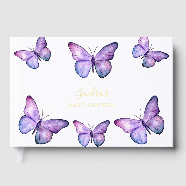 Butterfly Baby Shower Elegant Purple Guest Book (Front)