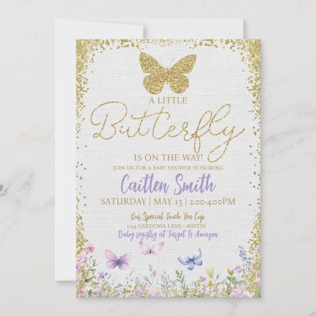 Butterfly Baby Shower Girl Purple Floral Baby Gold Holiday Card (Front)