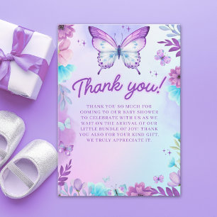 Butterfly Baby Shower Girl with Purple flowers Thank You Card
