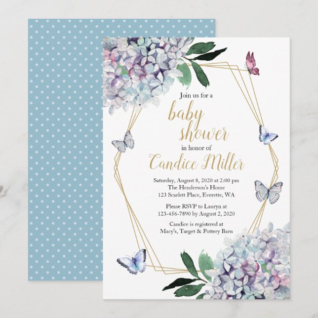 butterfly baby shower hydrangea floral garden invitation (Front/Back)