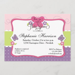 Butterfly Baby Shower in Purple Pink and Green Invitation