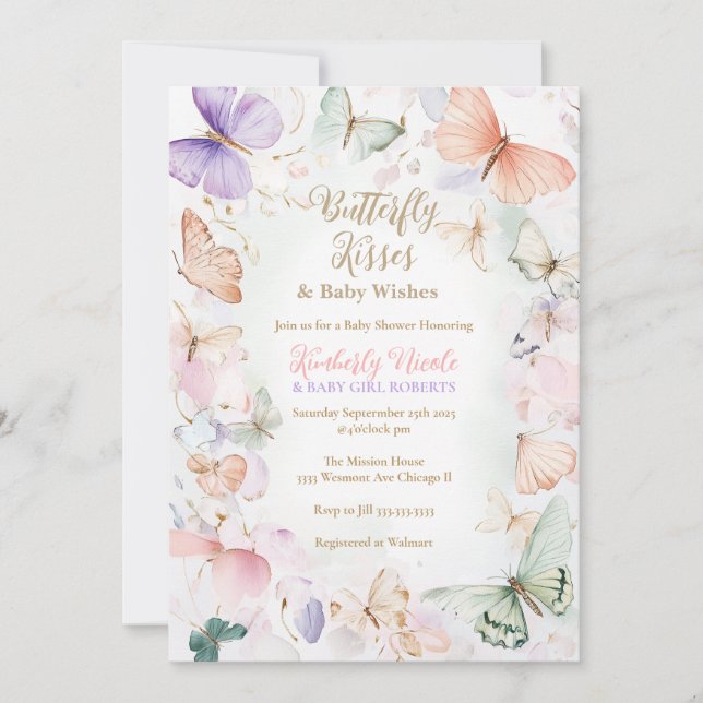 Butterfly baby shower invitation butterfly kisses (Front)